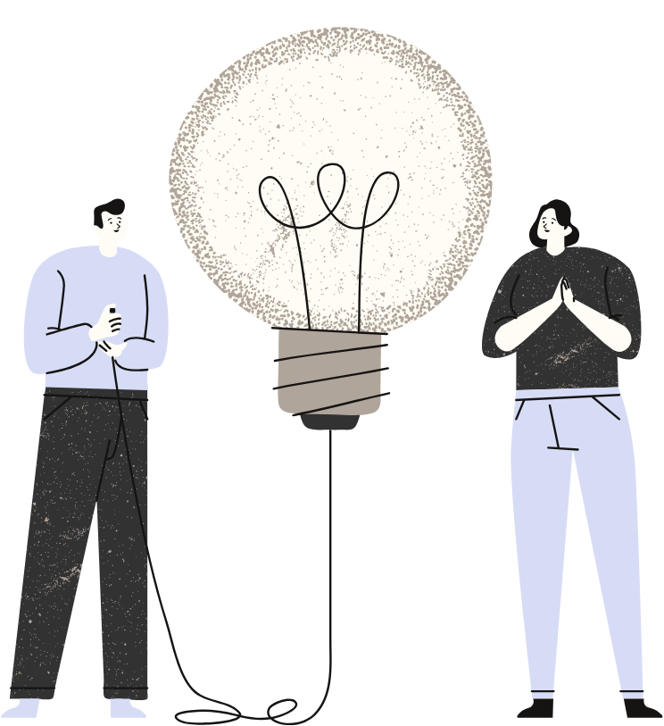 Two people beside a large illustrated lightbulb, representing campaign ideas